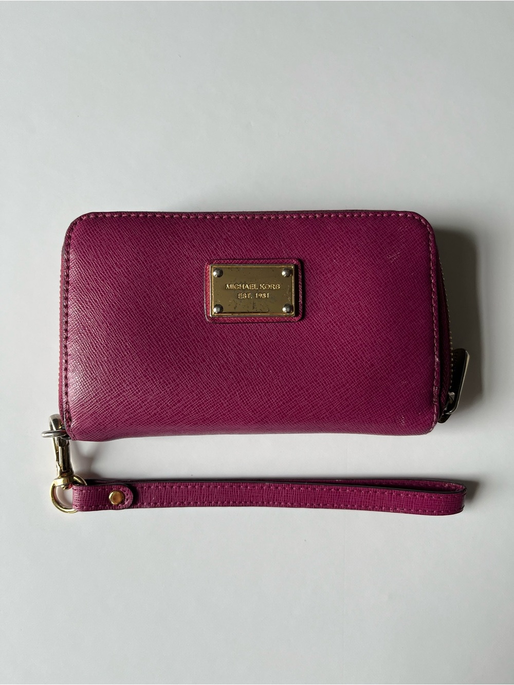 Michael Kors Magenta Saffiano Zip Wristlet Wallet with Gold Plate